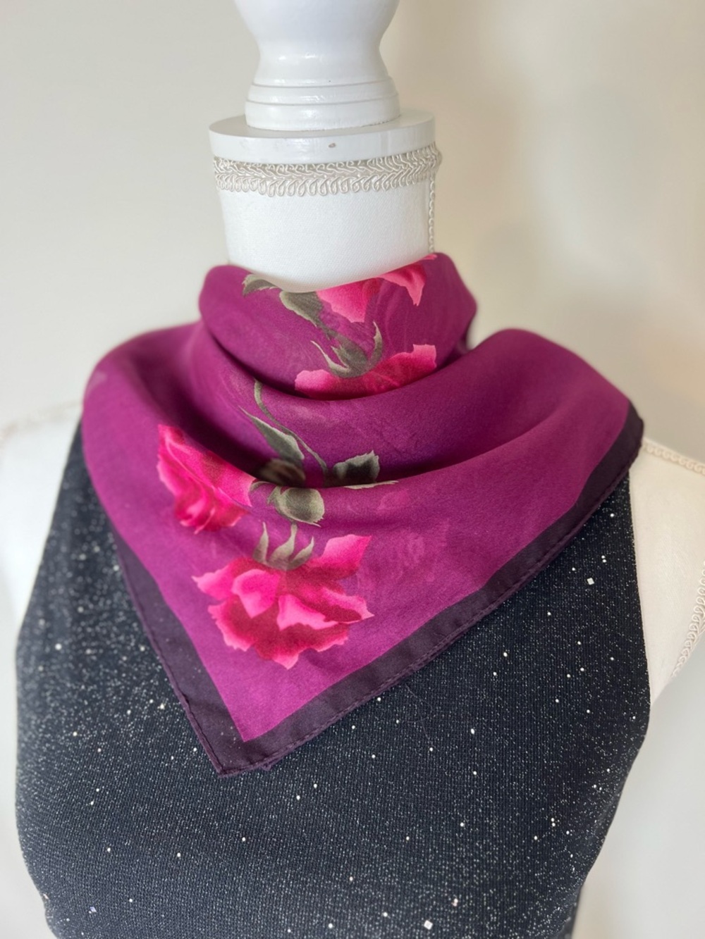 Vtg 80-90s Softgirl Feminine Romantic Sheer Rose Floral Silk Square Scarf 🌹